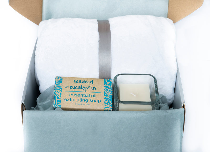 Mini spa box with ultra-soft microfiber blanket, handcrafted natural essential oils soap, handmade candle