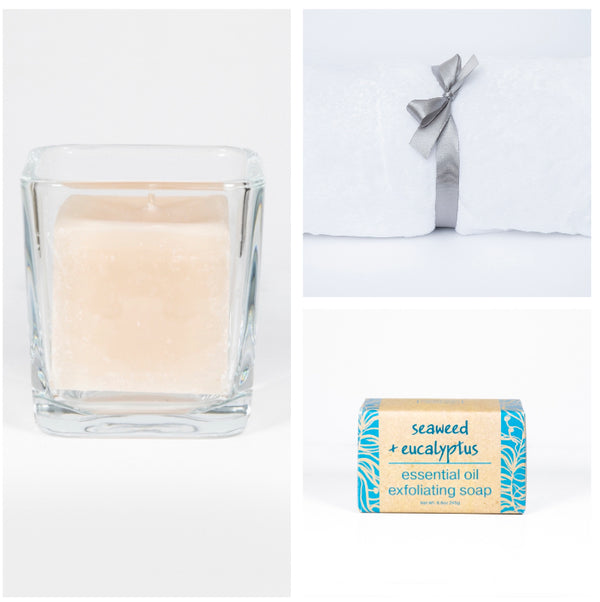 Mini spa box with ultra-soft microfiber blanket, handcrafted natural essential oils soap, handmade candle