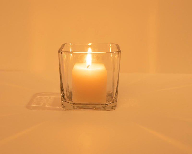 Refillable Calming Scented Candle Votive in Square Glass Candle Holder